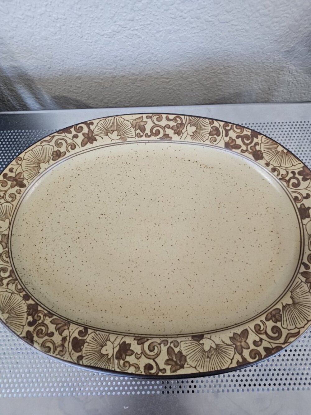 World Market Tan Brown Oval Platter Oriental Pattern Stoneware